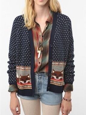 Urban Outfitters Cooperative Navy Fox-Pocket Knit Cardigan Sweater